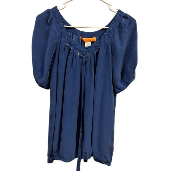 Silk Cynthia Steffe Luxury Blue Short Puff Sleeve Blouse Laced Tie Neck size XS - Picture 7 of 11